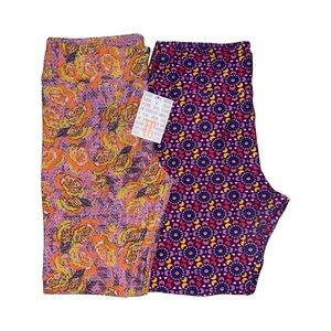 LuLaRoe Set (2) of TC Leggings Sz Tall & Curvy Purple Pink Yellow Orange Flowers